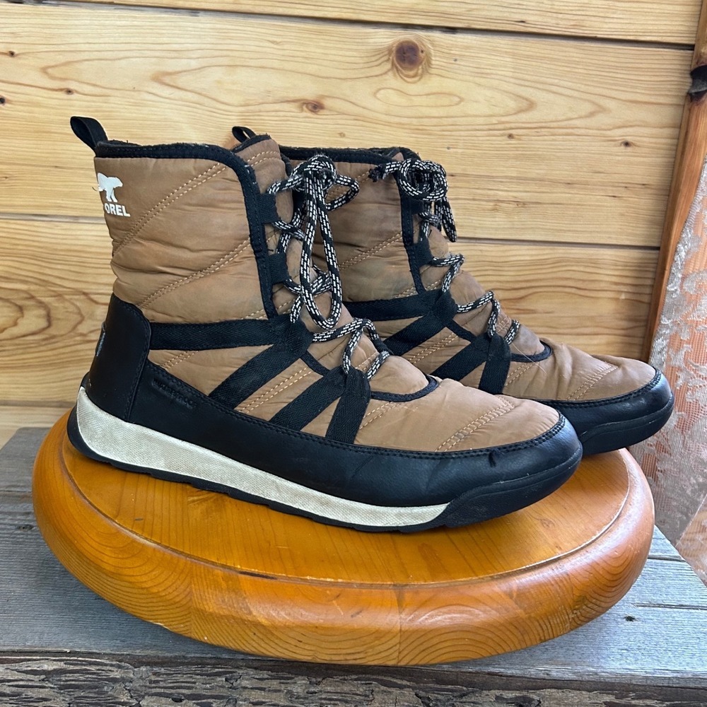 Sorel Whitney II Short Lace Waterproof Winter Boots Tan Black Womens 11 Snow